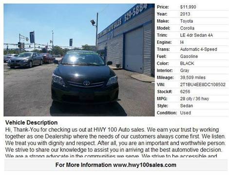 2013 Toyota Corolla for sale at Highway 100 & Loomis Road Sales in Franklin WI
