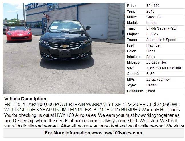 2015 Chevrolet Impala for sale at Highway 100 & Loomis Road Sales in Franklin WI
